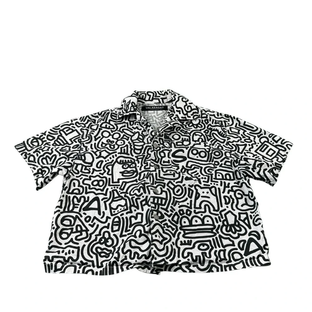 Valabasas White Black Metal Snap Front AOP Crop Shirt Jacket Mens Medium